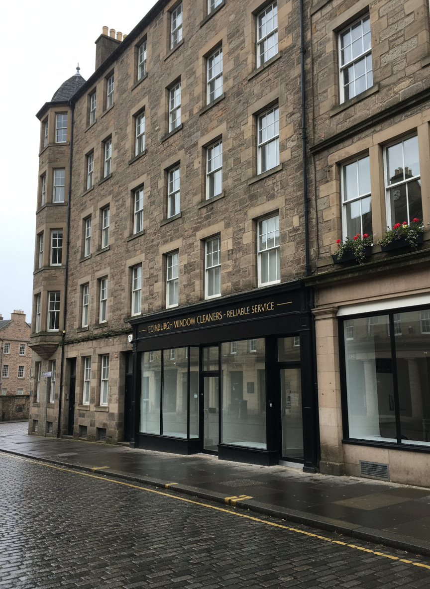 A mixed streetscape of residential and commercial properties in Edinburgh, all featuring gleaming, freshly cleaned windows. Traditional stone tenement flats with tall sash windows stand beside a small modern shopfront with a wide glass display, every pane sparkling and streak-free. Subtle reflections of nearby historic buildings and a pale Scottish sky are visible in the glass. The pavement is damp, hinting at recent rain, but the windows remain spotless. Photographic realism with an eye-level, wide-angle composition captures the variety of properties served. The lighting is soft and natural, creating a calm, professional mood that emphasizes reliability across different building types.