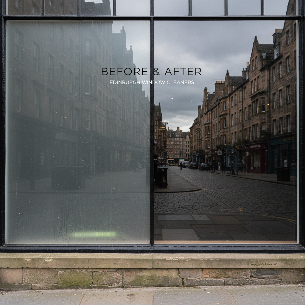 A dramatic before-and-after comparison of a large shopfront window in Edinburgh, rendered as a single wide photographic scene. The left side of the glass appears dull, streaked with grime and water marks, while the right side is crystal clear, reflecting nearby stone buildings and an overcast sky with astonishing sharpness. The frame is a dark metal, and subtle pavement details run along the bottom. Soft daylight highlights the contrast, emphasizing the transformation. Shot straight-on with symmetrical composition and sharp focus across the entire pane, the mood is professional and satisfying, showcasing the effectiveness of expert commercial window cleaning services.